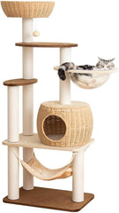 56.6" Velvet Cat Tree Tower with Woven Condo, Clear Bowl & Hammock