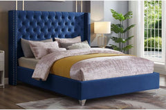 T2380BL Blue Velvet Wingback Platform Bed with Nailhead Trim