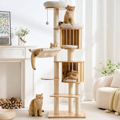 Wood Modern Cat Tree, 61.5" Cat Tower with Sisal Scratching Posts, Cat Condo, Capsule,Hamnock and Spinner Toy, Solid Wooden Aesthetic Multi-Level Cat Climbing Tree for Adult Indoor Cats-White