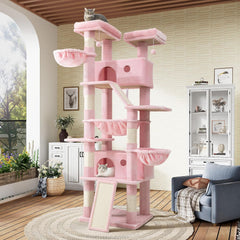 SHA CERLIN 81in Multi-Level Tall Cat Tree Tower for Indoor Kitties/Larger Cat Condo Furniture with Hammock/Cozy Pussycat Perches/Sisal Scratching Posts/Pet House/Wide Base/White & Black Spot