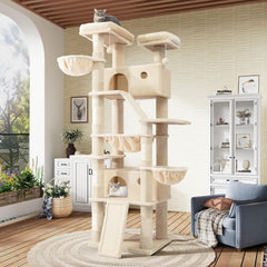 SHA CERLIN 81in Multi-Level Tall Cat Tree Tower for Indoor Kitties/Larger Cat Condo Furniture with Hammock/Cozy Pussycat Perches/Sisal Scratching Posts/Pet House/Wide Base/White & Black Spot