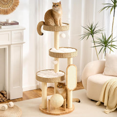 Wood Modern Cat Tree, 61.5" Cat Tower with Sisal Scratching Posts, Cat Condo, Capsule,Hamnock and Spinner Toy, Solid Wooden Aesthetic Multi-Level Cat Climbing Tree for Adult Indoor Cats-White