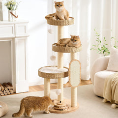 Wood Modern Cat Tree, 61.5" Cat Tower with Sisal Scratching Posts, Cat Condo, Capsule,Hamnock and Spinner Toy, Solid Wooden Aesthetic Multi-Level Cat Climbing Tree for Adult Indoor Cats-White