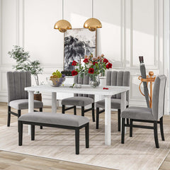 Set of 6 Marble Sticker Dining Table and 4 Velvet Upholstered Dining Chairs and Bench (White+Grey) Dimensions Table: 60"L x 36"W x 30"H Chair: 19.3"L