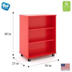 Tot Mate Open Double Sided 3 Tier Mobile Shelves Wooden Classroom Bookcase, Red, 36"W x 23"D x 48"H