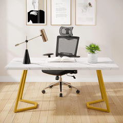 Finmind Modern Home Office Desk, Adult Study Writing Table with Metal Legs, White & Gold, 55.11" L x 31.49" D x 29.52" H