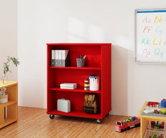 Tot Mate Open Double Sided 3 Tier Mobile Shelves Wooden Classroom Bookcase, Red, 36"W x 23"D x 48"H
