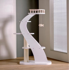 SHENGOCASE Modern Stylish 52.4 inches Tall Wooden Cat Tree Tower, Aesthetic Cat Condo Ladder with 5-Level Big Perch Platform Bed for Window Viewing Watching Large Cat Maine Coon