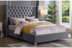 T2380G Grey Velvet Wingback Platform Bed with Nailhead Trim