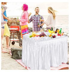 Folding Ice Cooler Table - Portable Beverage Cooler, Buffet Server with Skirt & Drain - Party, Picnic, BBQ, Camping - White 24 in x 47.5 in x 32.5 in