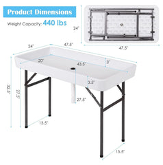 Folding Ice Cooler Table - Portable Beverage Cooler, Buffet Server with Skirt & Drain - Party, Picnic, BBQ, Camping - White 24 in x 47.5 in x 32.5 in