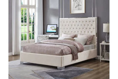 T2385W Off White Velvet Platform Bed with Chrome Trim