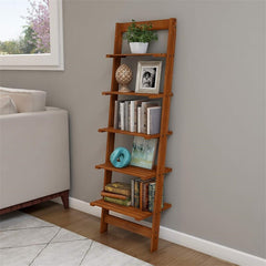 5 Tier Bookshelf Leaning Ladder Shelf Decorative Book Shelves for Bedroom - 11.5"D x 16.25"W x 50"H Cherry