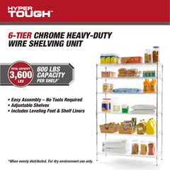 Hyper Tough 6-Tier Wire Storage Shelves with Liners, 48" W x 18" D x 72" H, 3600 lb Load Capacity, Chrome