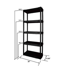 Hyper Tough Plastic 5-Tier Storage Shelf Unit 68.8"H x 30"W x 13.88"D, 350lb Total Capacity, Black