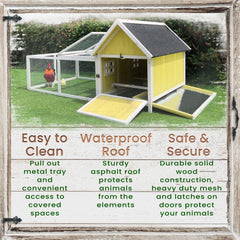 Hanover Outdoor Wooden Chicken Coop with Ramp, Large Wire Mesh Run, Waterproof Roof, Removable Tray 2.8 Ft. x 5.9 Ft. x 3.8 Ft.