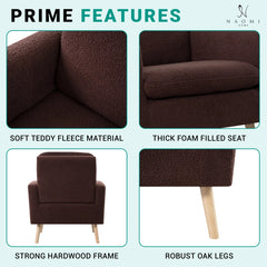 Naomi Home Frida Mid-Century Modern Accent Chair, Espresso Teddy Fleece Upholstered Armchair with Oak Legs, 28.74"D x 30.31"W x 35.04"H