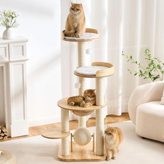Wood Modern Cat Tree, 61.5" Cat Tower with Sisal Scratching Posts, Cat Condo, Capsule,Hamnock and Spinner Toy, Solid Wooden Aesthetic Multi-Level Cat Climbing Tree for Adult Indoor Cats-White