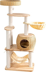 Modern Cat Tree for Large Cat, 56.7-Inch Tall Cat Tower with Scratching Post for Indoor Cats, Multi-Level Cat Condo with Hand-Woven Cat Bed and Hammock Acrylic Bowl (Particleboard 56.7in)