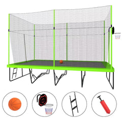 Triple Tree Rectangular Trampoline with Basketball Hoop, Green, 204.00" x 120.00" x 141.00"