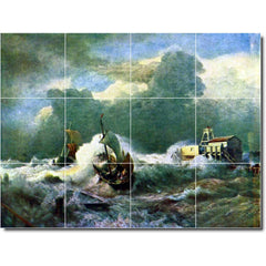 Ceramic Tile Mural-Andreas Achenbach Waterfront Painting 89. 32" w x 24" h using (12) 8 x 8 ceramic tiles