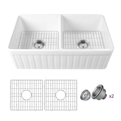 DeerValley Nova DV-1K503 Fireclay White Double Basin Farmhouse Kitchen Sink with Grid & Basket Strainer (33"L x 18"W x 10"H)
